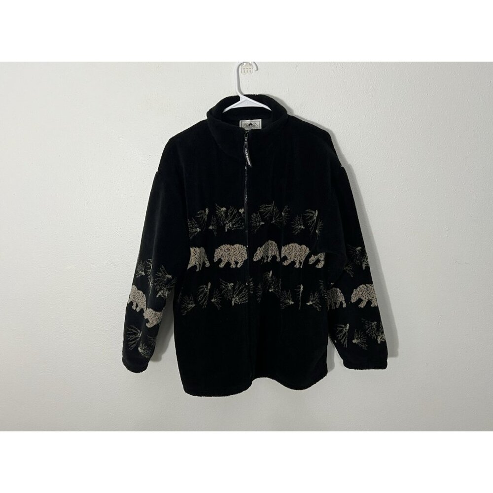 Vintage Black Mountain Bear Fleece Full Zip Jacket Size Large